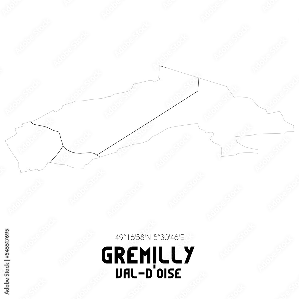 GREMILLY Val-d'Oise. Minimalistic street map with black and white lines.