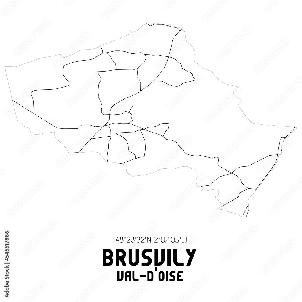 BRUSVILY Val-d'Oise. Minimalistic street map with black and white lines.