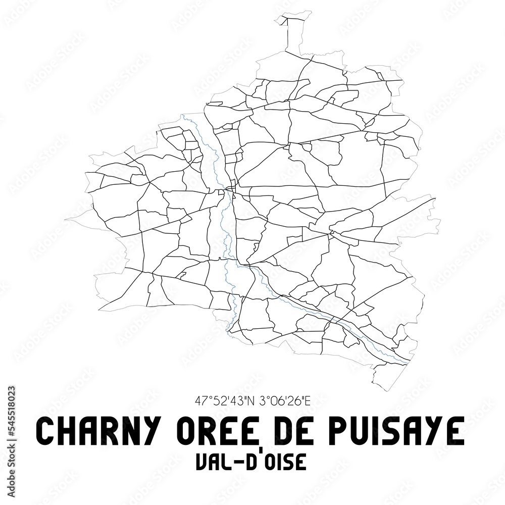 CHARNY OREE DE PUISAYE Val-d'Oise. Minimalistic street map with black and white lines.