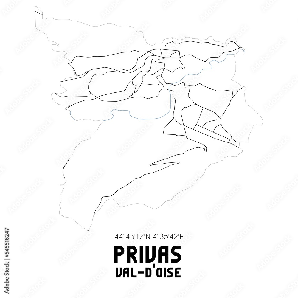 PRIVAS Val-d'Oise. Minimalistic street map with black and white lines.