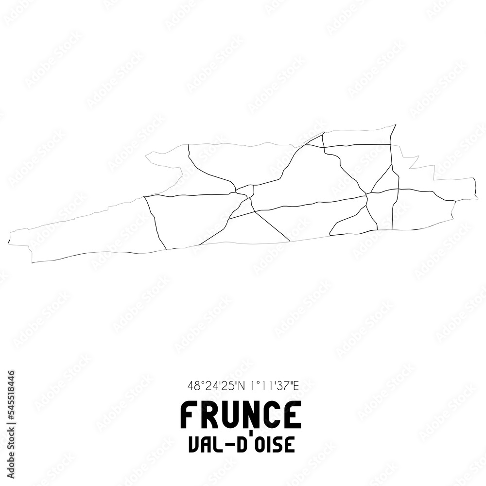 FRUNCE Val-d'Oise. Minimalistic street map with black and white lines. FRUNCE Val-d'Oise. Minimalistic street map with black and white lines.