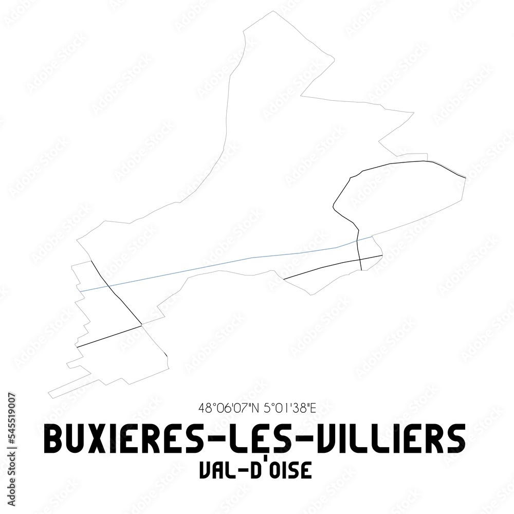 BUXIERES-LES-VILLIERS Val-d'Oise. Minimalistic street map with black and white lines.