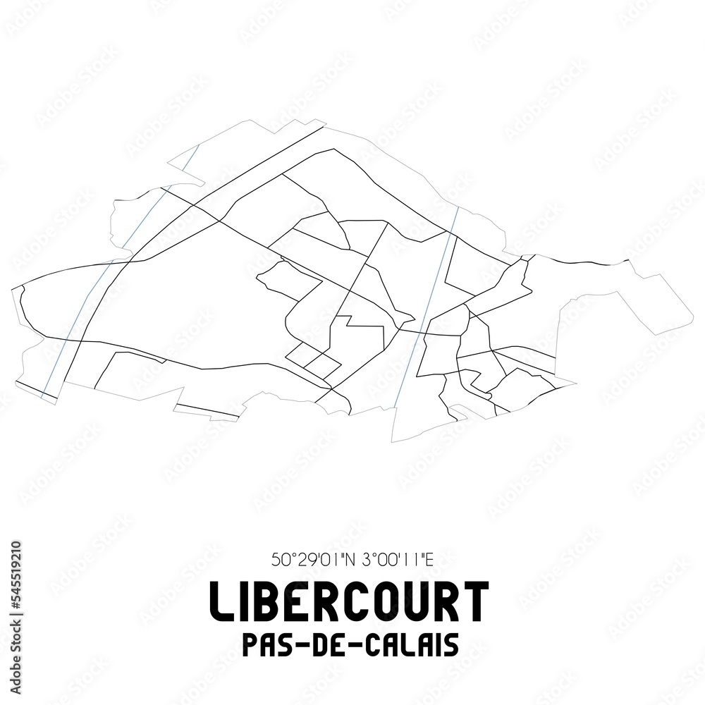LIBERCOURT Pas-de-Calais. Minimalistic street map with black and white lines.