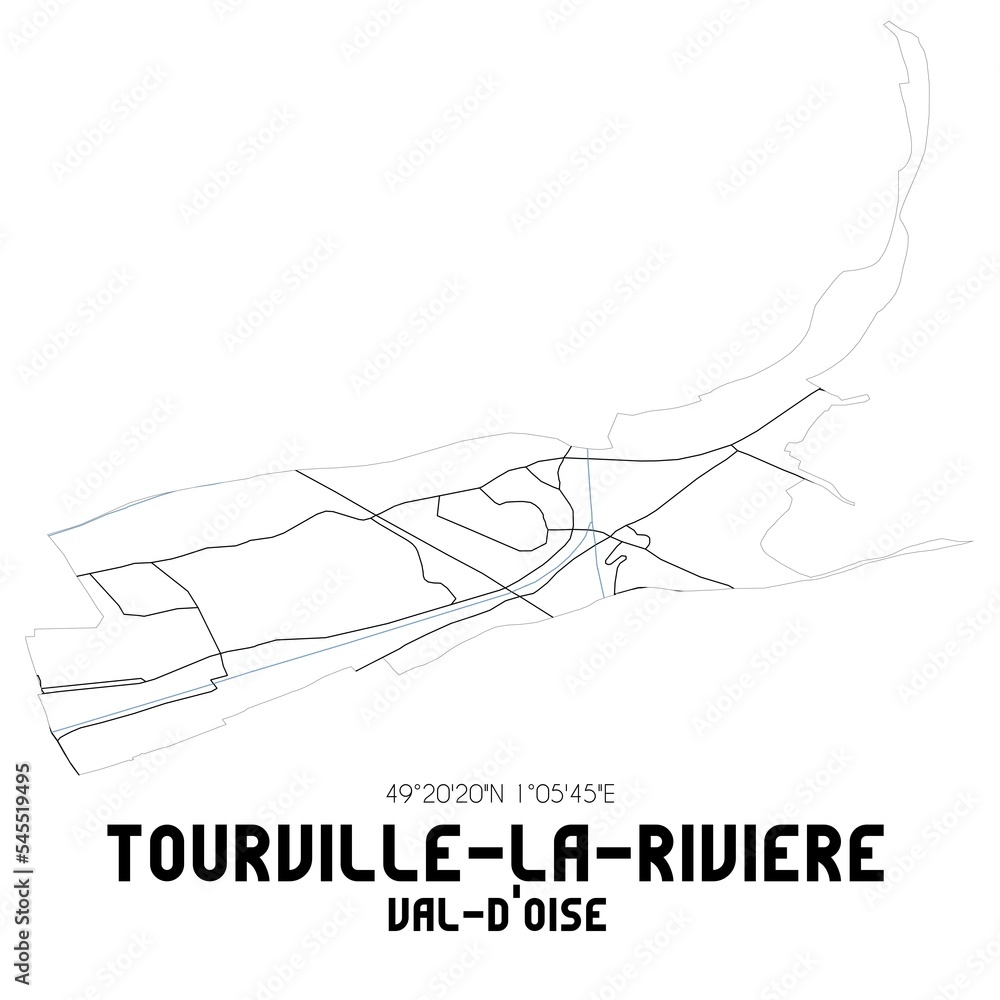 TOURVILLE-LA-RIVIERE Val-d'Oise. Minimalistic street map with black and white lines.