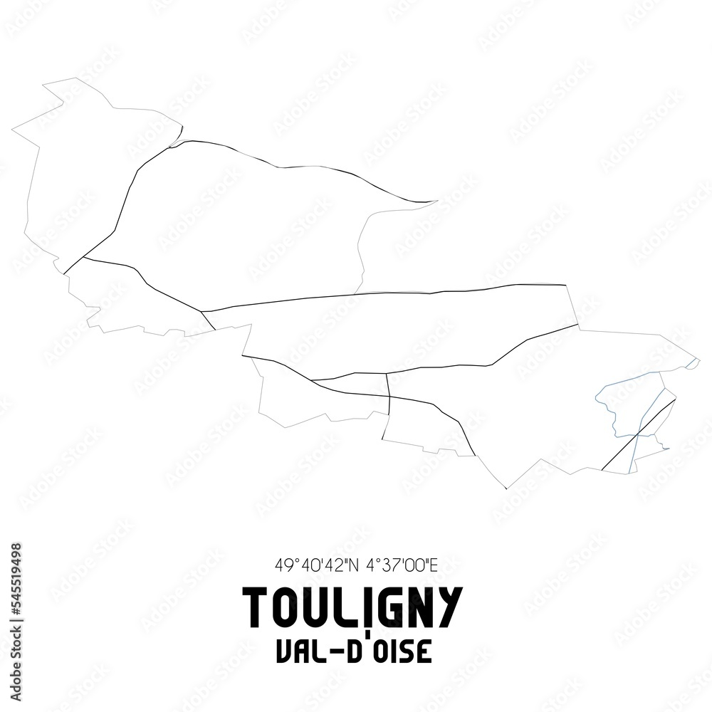 TOULIGNY Val-d'Oise. Minimalistic street map with black and white lines.