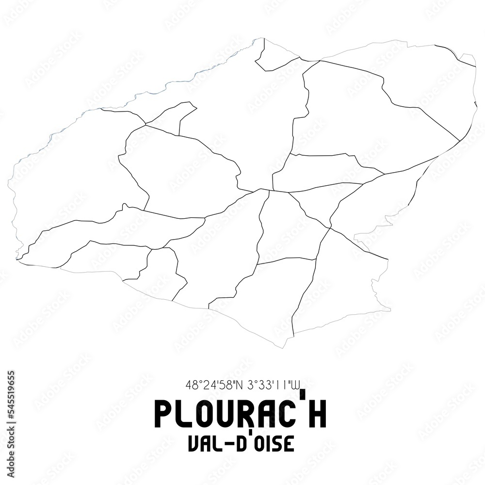 PLOURAC'H Val-d'Oise. Minimalistic street map with black and white lines. PLOURAC'H Val-d'Oise. Minimalistic street map with black and white lines.