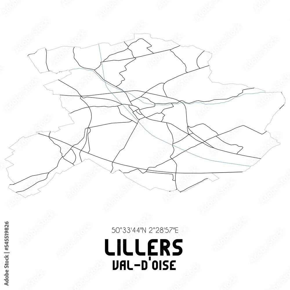LILLERS Val-d'Oise. Minimalistic street map with black and white lines.