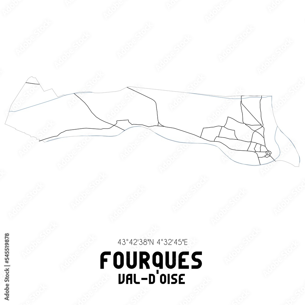 Obraz premium FOURQUES Val-d'Oise. Minimalistic street map with black and white lines.