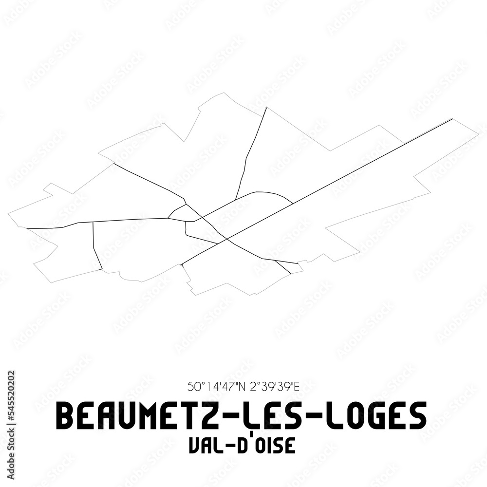 BEAUMETZ-LES-LOGES Val-d'Oise. Minimalistic street map with black and white lines. BEAUMETZ-LES-LOGES Val-d'Oise. Minimalistic street map with black and white lines.