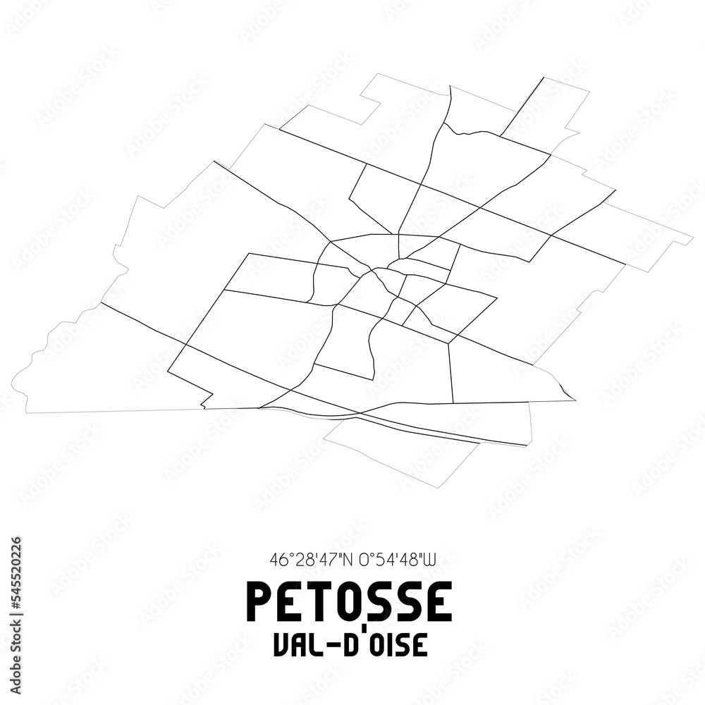 PETOSSE Val-d'Oise. Minimalistic street map with black and white lines.