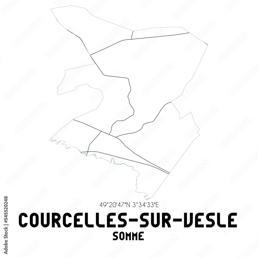 COURCELLES-SUR-VESLE Somme. Minimalistic street map with black and white lines.