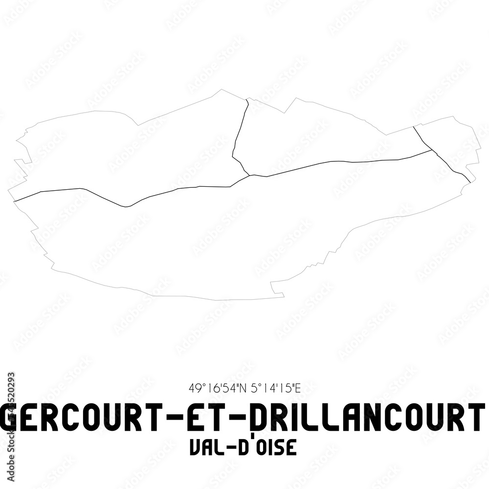 GERCOURT-ET-DRILLANCOURT Val-d'Oise. Minimalistic street map with black and white lines.