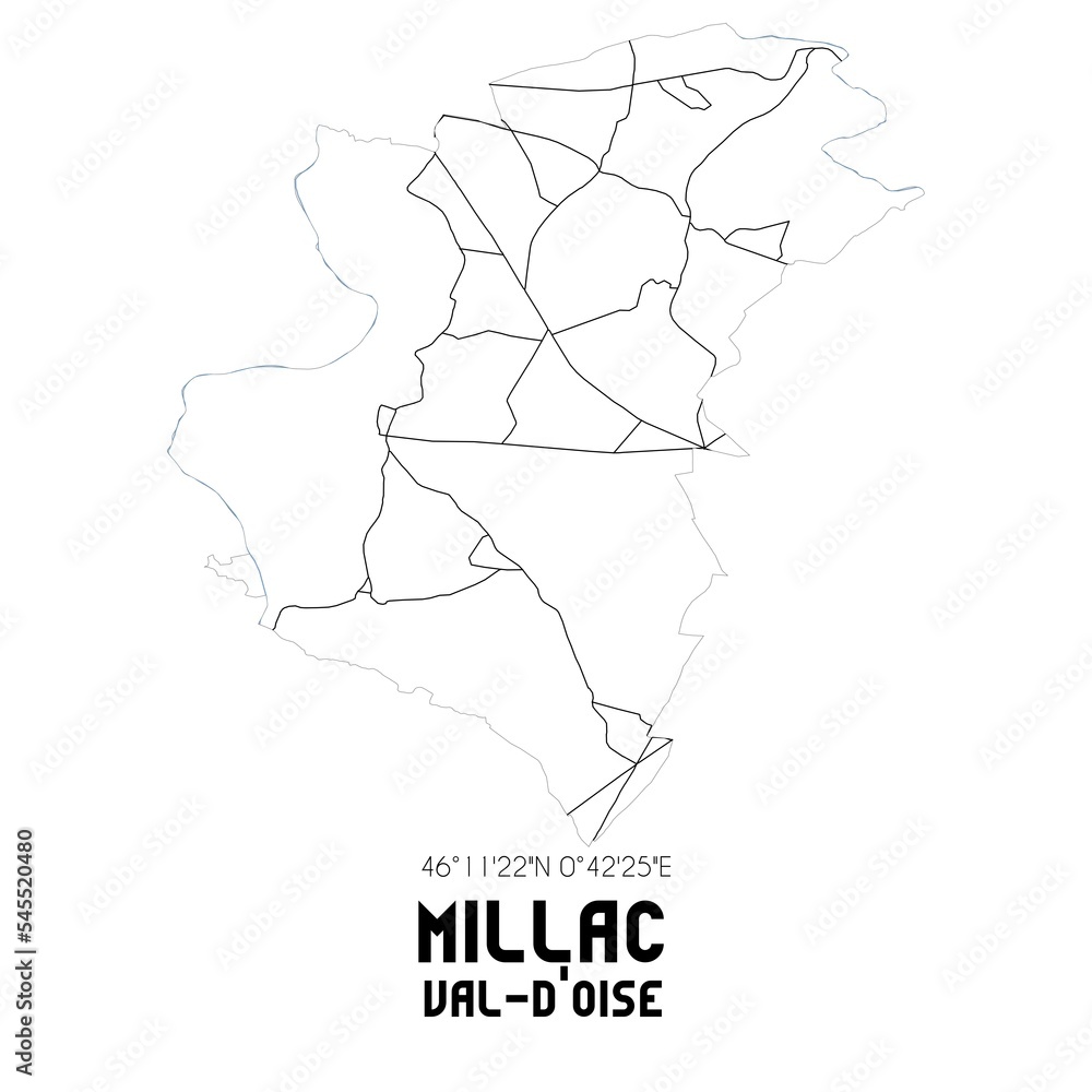 MILLAC Val-d'Oise. Minimalistic street map with black and white lines. MILLAC Val-d'Oise. Minimalistic street map with black and white lines.