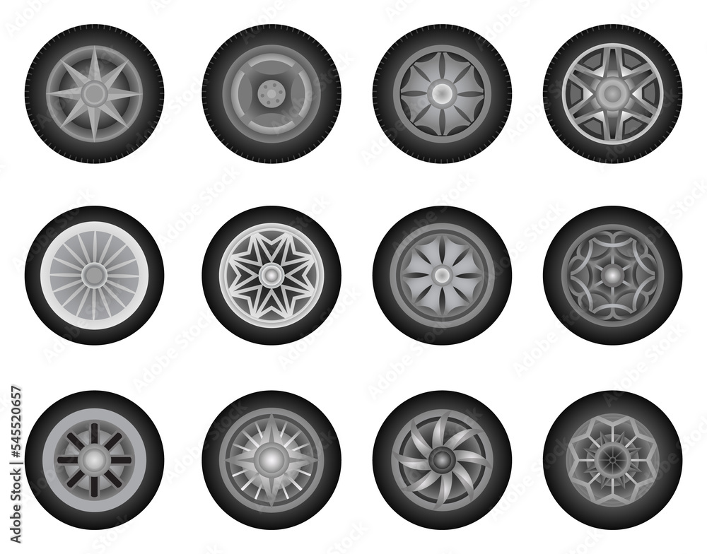 Set of car wheels. Summer or winter tires for driving in different weather conditions. Wheel disk icon isolated on white background. Automobile rims design Set of car wheels. Summer or winter tires for driving in different weather conditions. Wheel disk icon isolated on white background. Automobile rims design