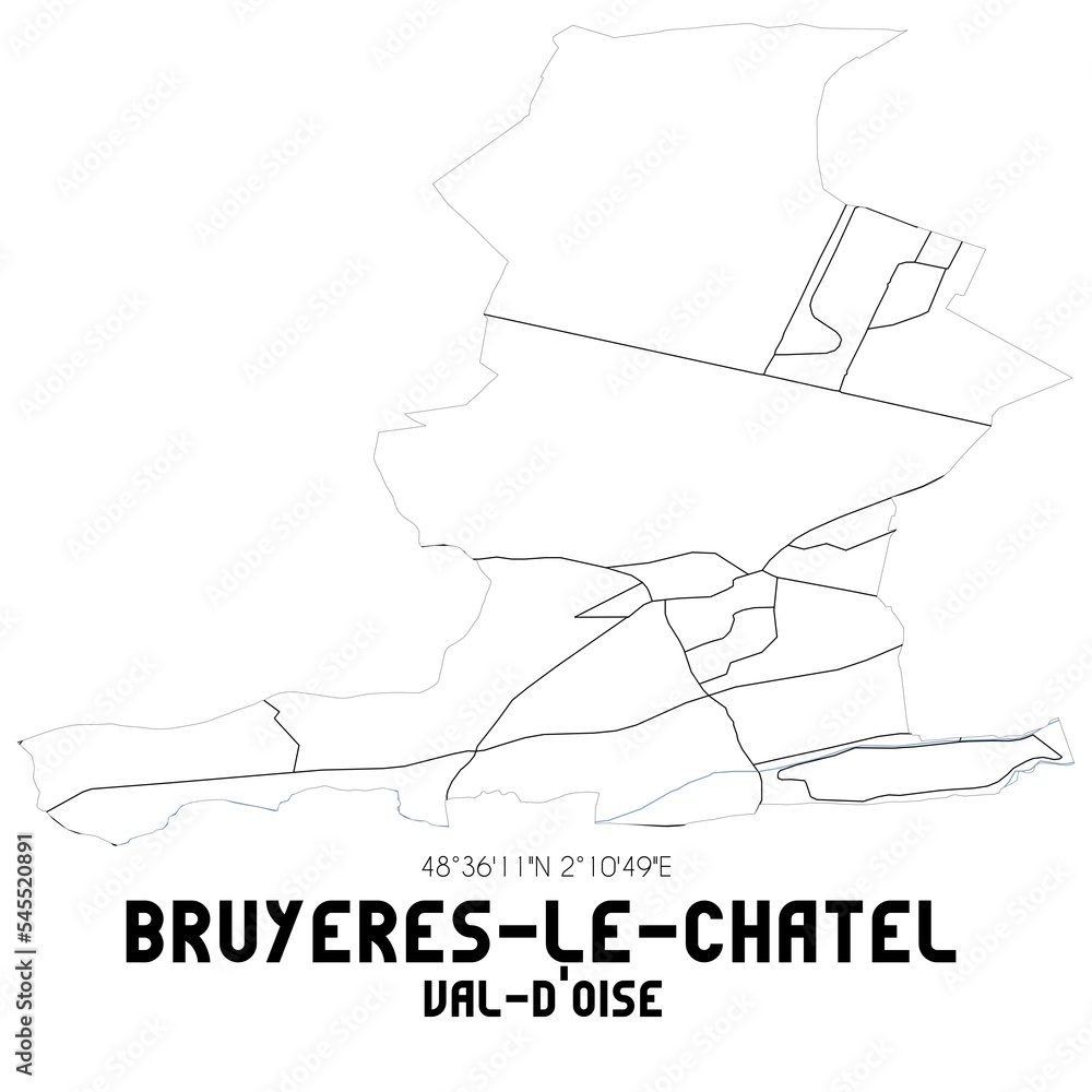 BRUYERES-LE-CHATEL Val-d'Oise. Minimalistic street map with black and white lines. BRUYERES-LE-CHATEL Val-d'Oise. Minimalistic street map with black and white lines.