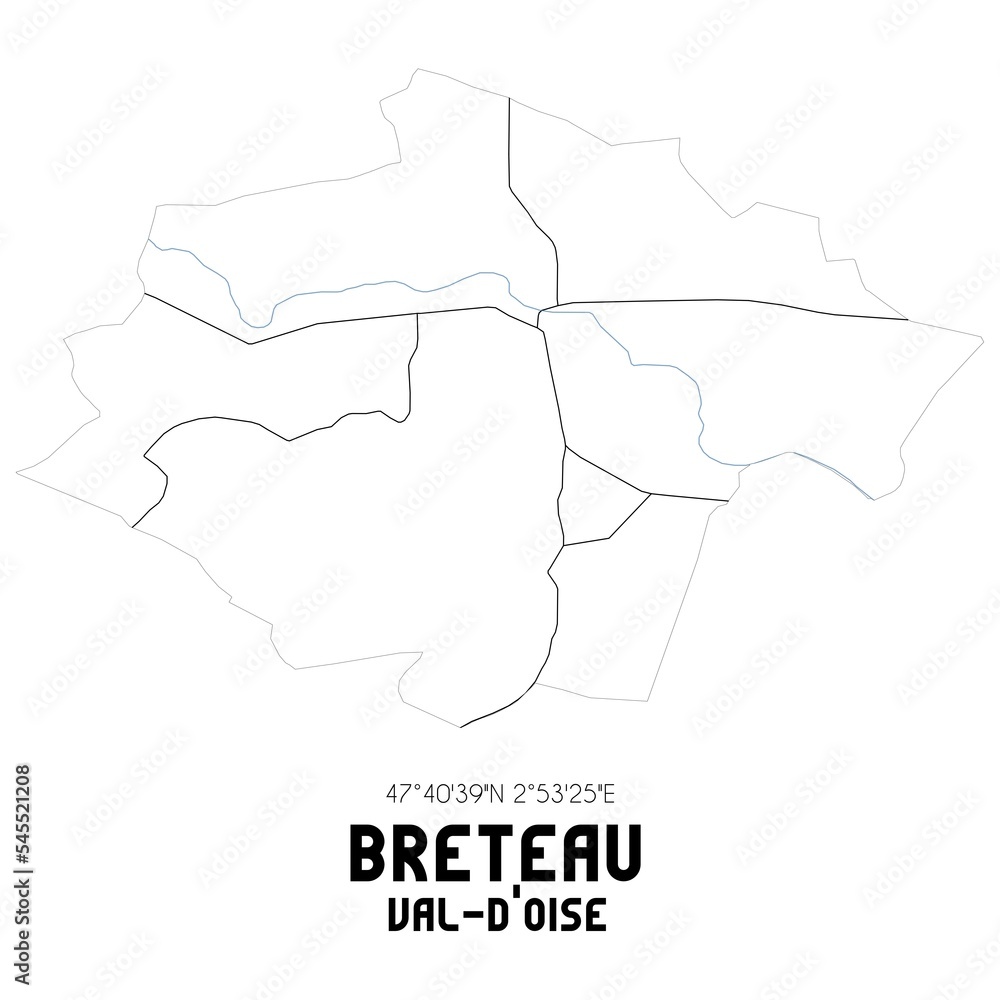 BRETEAU Val-d'Oise. Minimalistic street map with black and white lines.