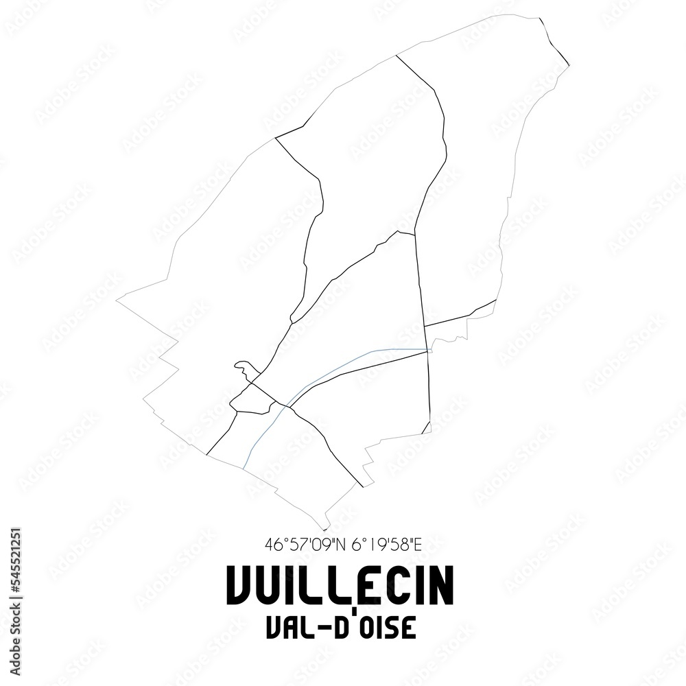 VUILLECIN Val-d'Oise. Minimalistic street map with black and white lines. VUILLECIN Val-d'Oise. Minimalistic street map with black and white lines.
