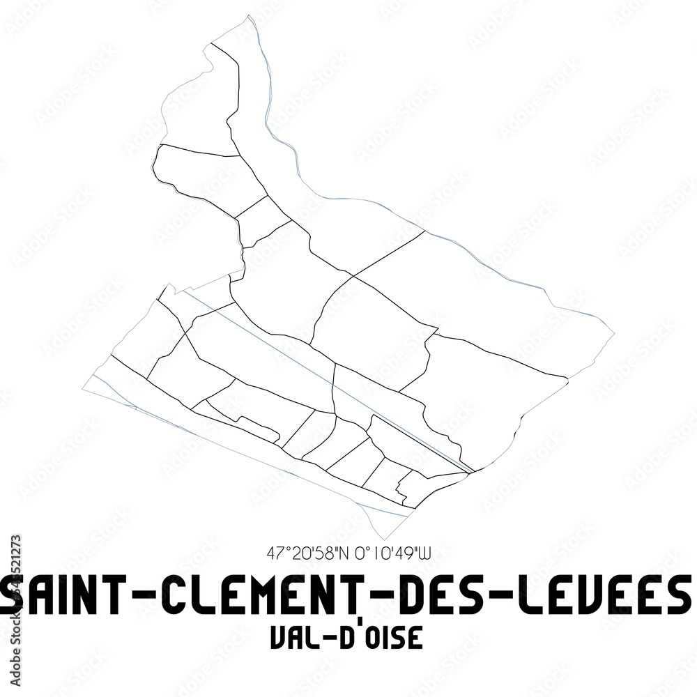 Obraz premium SAINT-CLEMENT-DES-LEVEES Val-d'Oise. Minimalistic street map with black and white lines.