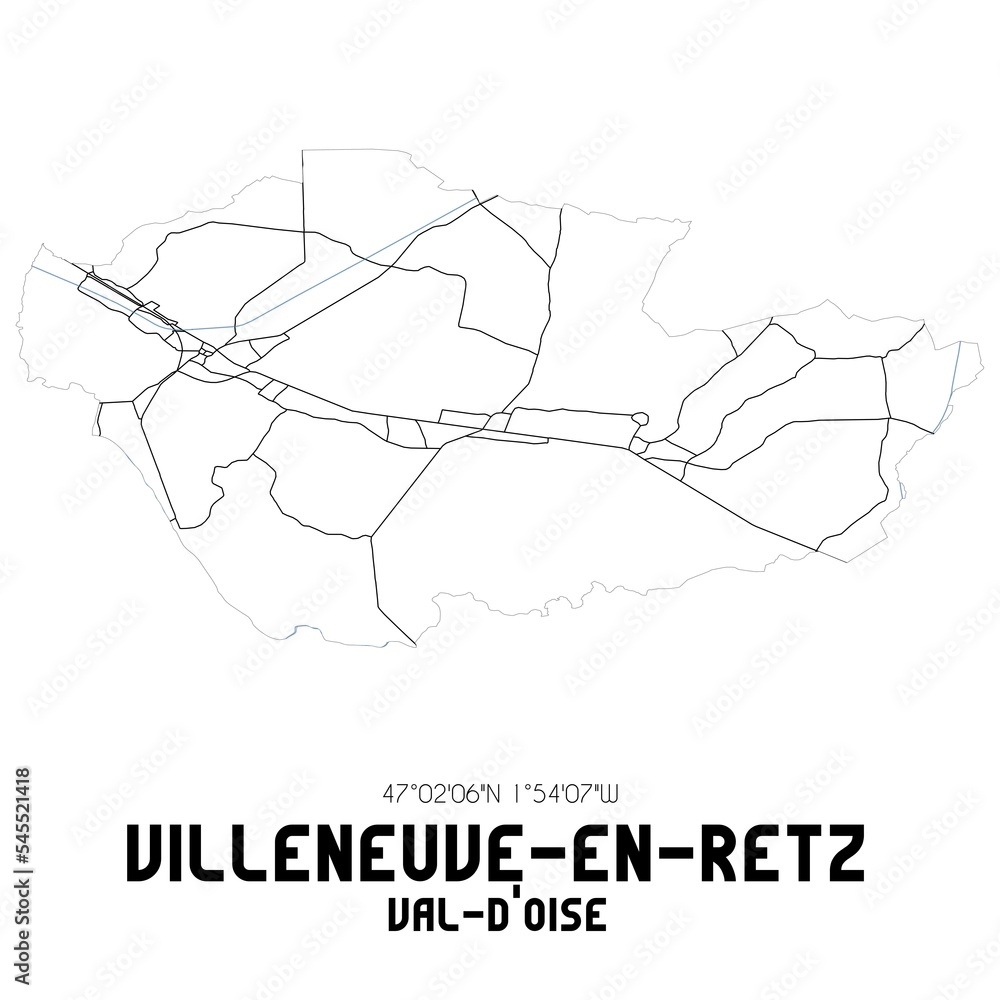 VILLENEUVE-EN-RETZ Val-d'Oise. Minimalistic street map with black and white lines.