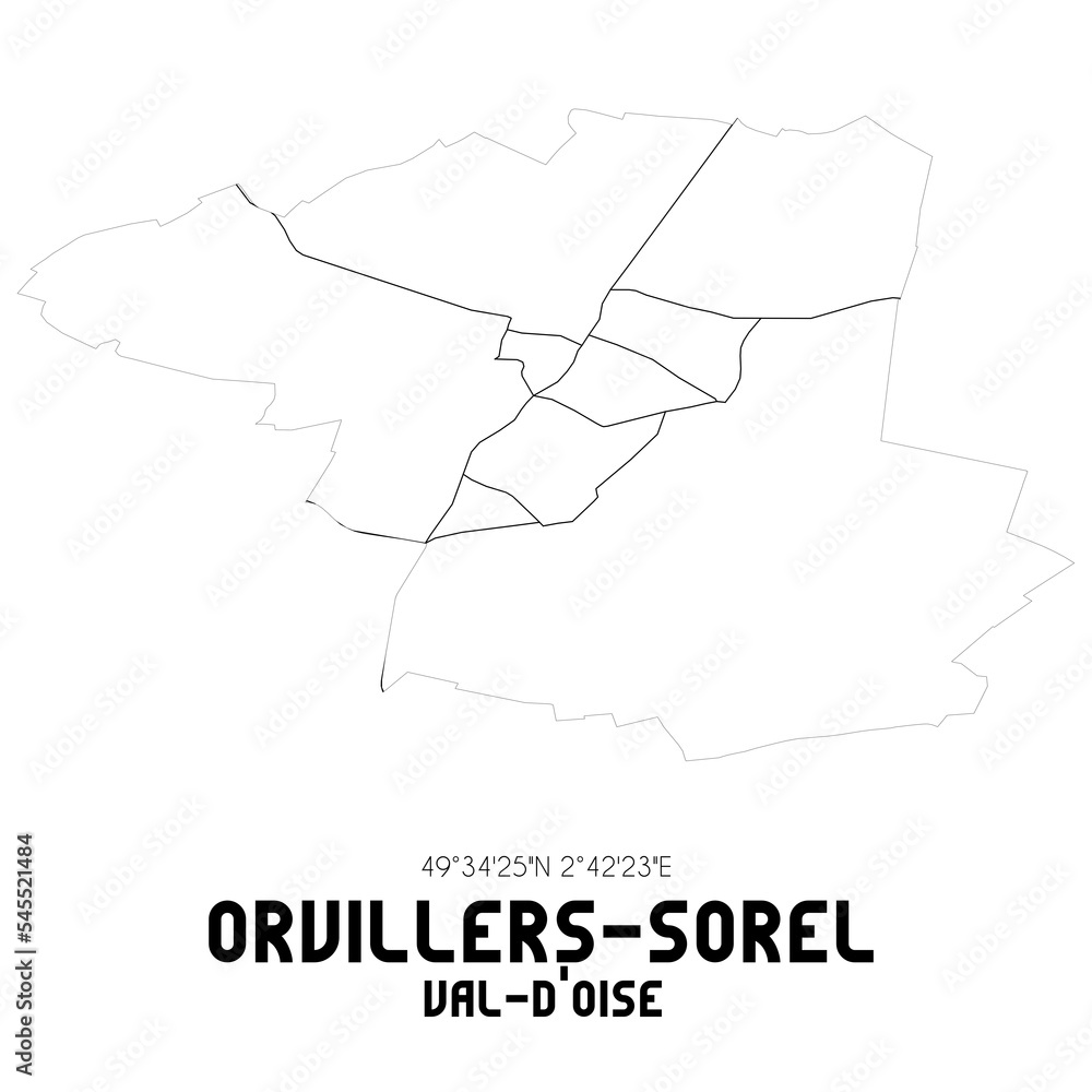 ORVILLERS-SOREL Val-d'Oise. Minimalistic street map with black and white lines.