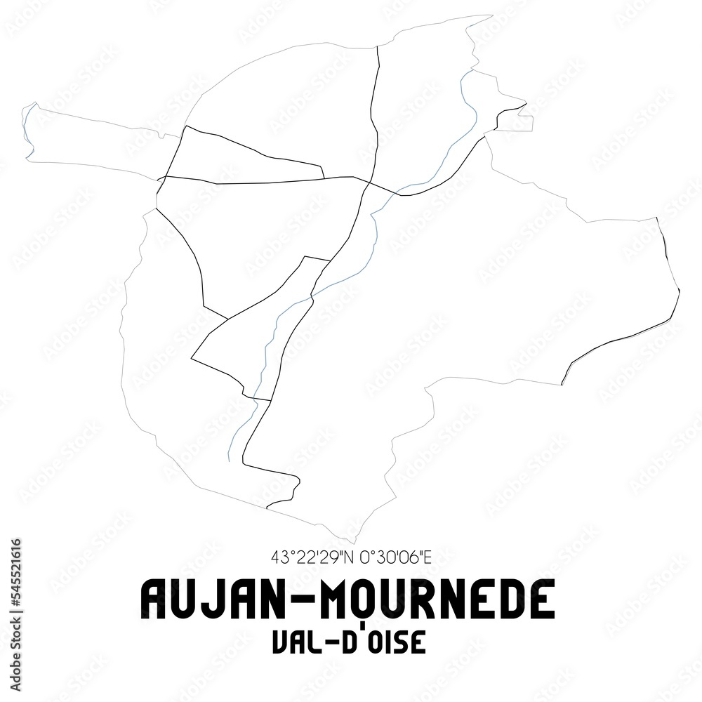 AUJAN-MOURNEDE Val-d'Oise. Minimalistic street map with black and white lines.