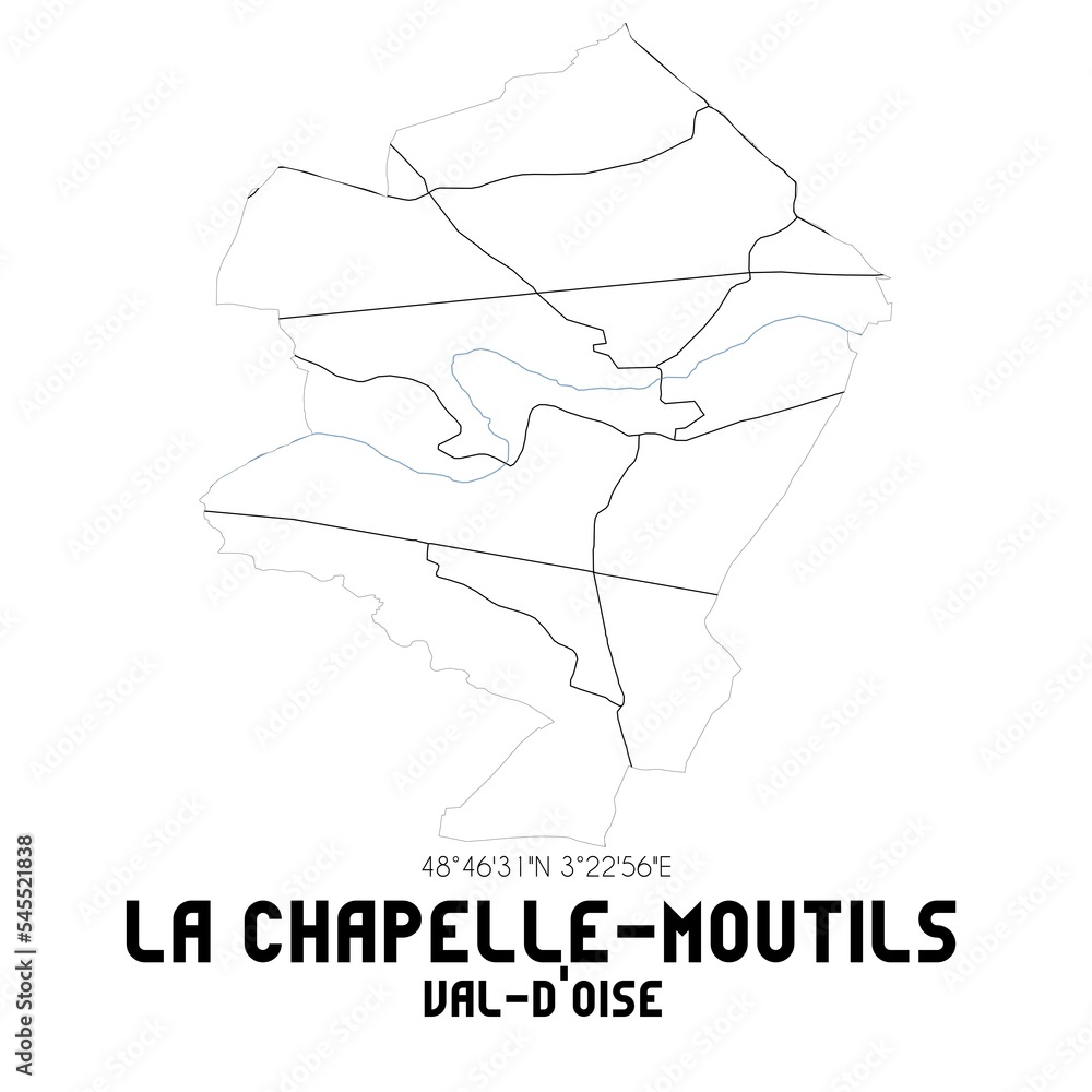 LA CHAPELLE-MOUTILS Val-d'Oise. Minimalistic street map with black and white lines. LA CHAPELLE-MOUTILS Val-d'Oise. Minimalistic street map with black and white lines.