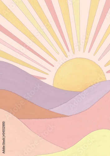 Boho contemporary background with abstract sunset. Geometric wall art print with sun rays. Retro backdrop