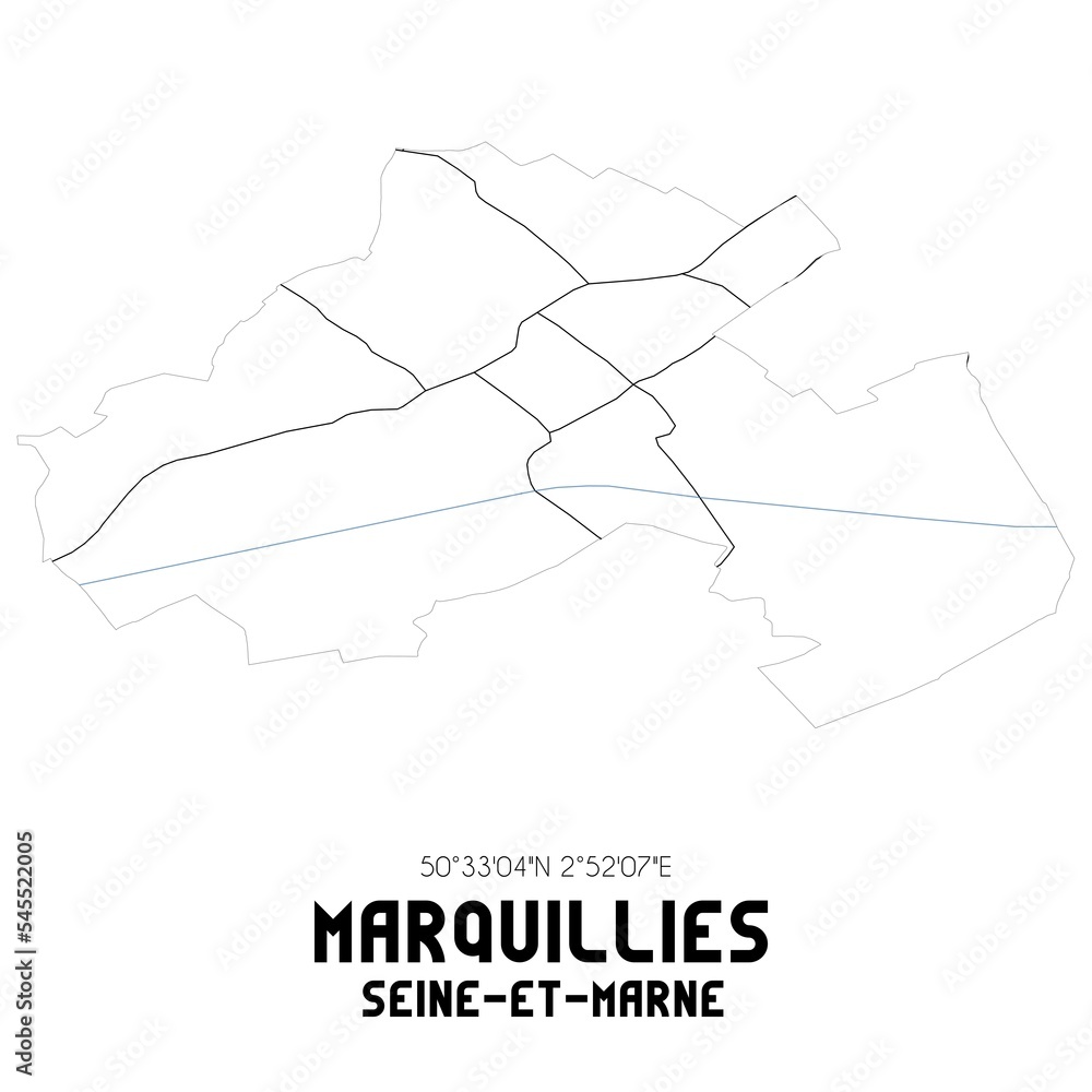 MARQUILLIES Seine-et-Marne. Minimalistic street map with black and white lines. MARQUILLIES Seine-et-Marne. Minimalistic street map with black and white lines.