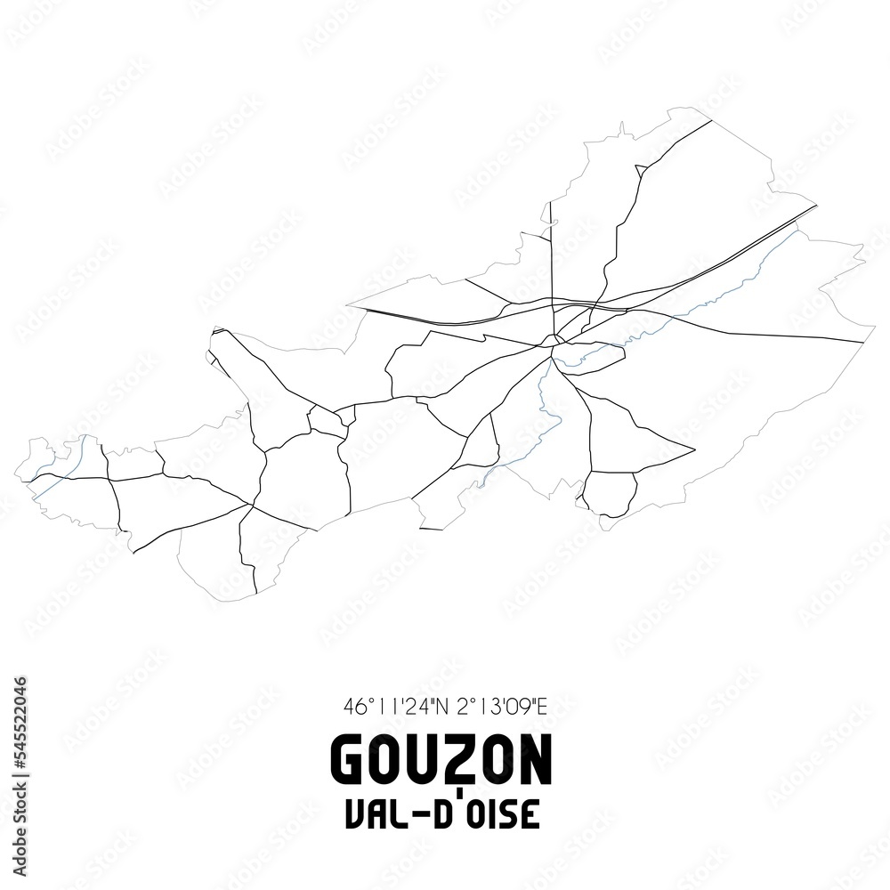 Obraz premium GOUZON Val-d'Oise. Minimalistic street map with black and white lines.