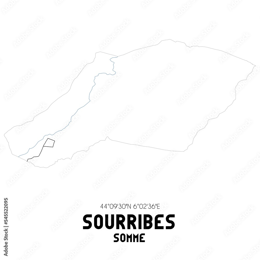 SOURRIBES Somme. Minimalistic street map with black and white lines.