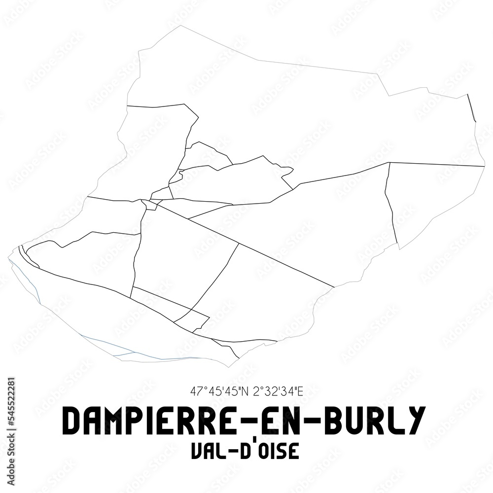 DAMPIERRE-EN-BURLY Val-d'Oise. Minimalistic street map with black and white lines.