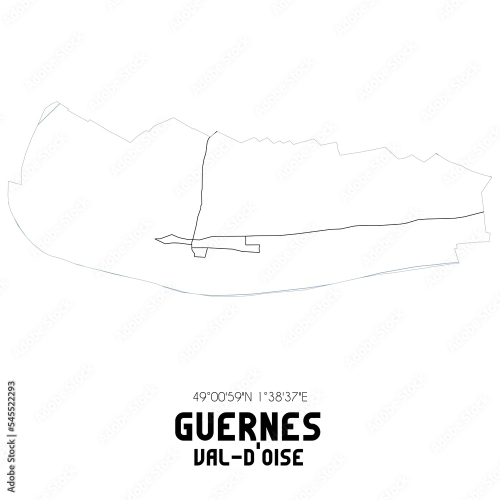 GUERNES Val-d'Oise. Minimalistic street map with black and white lines. GUERNES Val-d'Oise. Minimalistic street map with black and white lines.