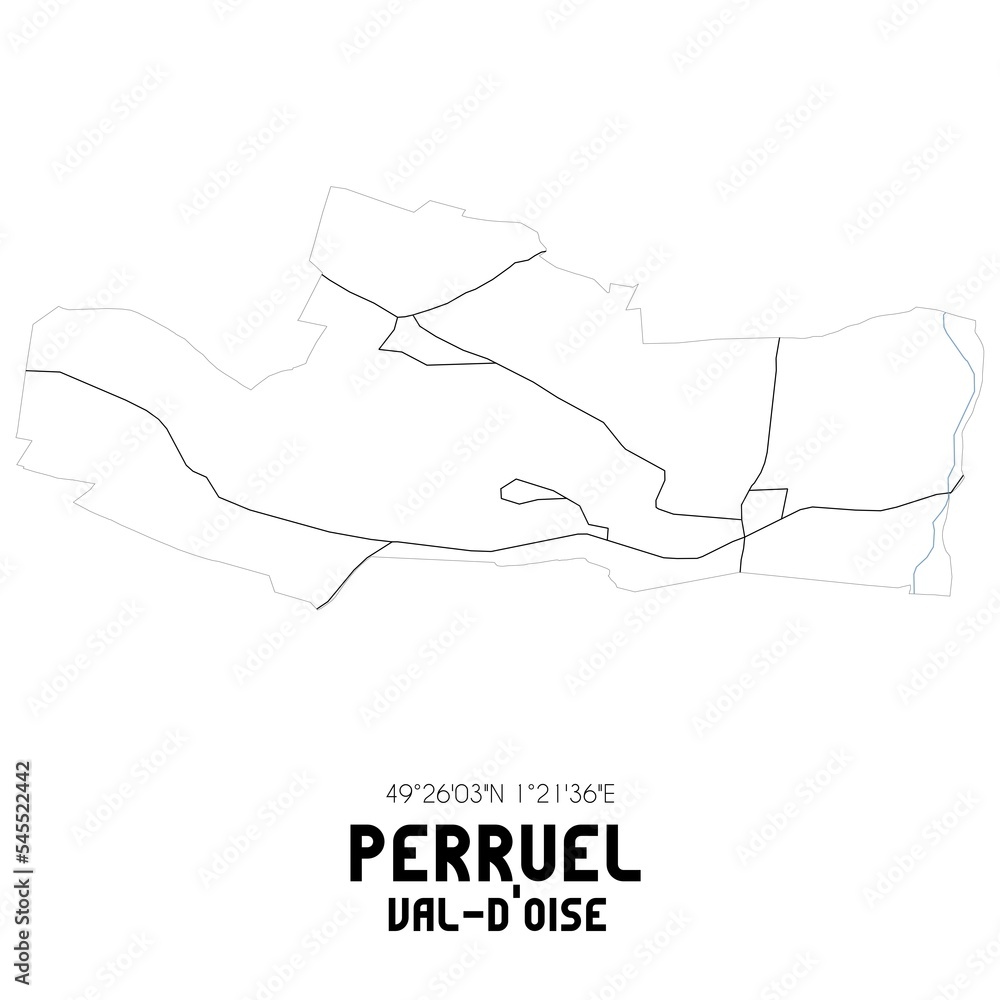 PERRUEL Val-d'Oise. Minimalistic street map with black and white lines. PERRUEL Val-d'Oise. Minimalistic street map with black and white lines.