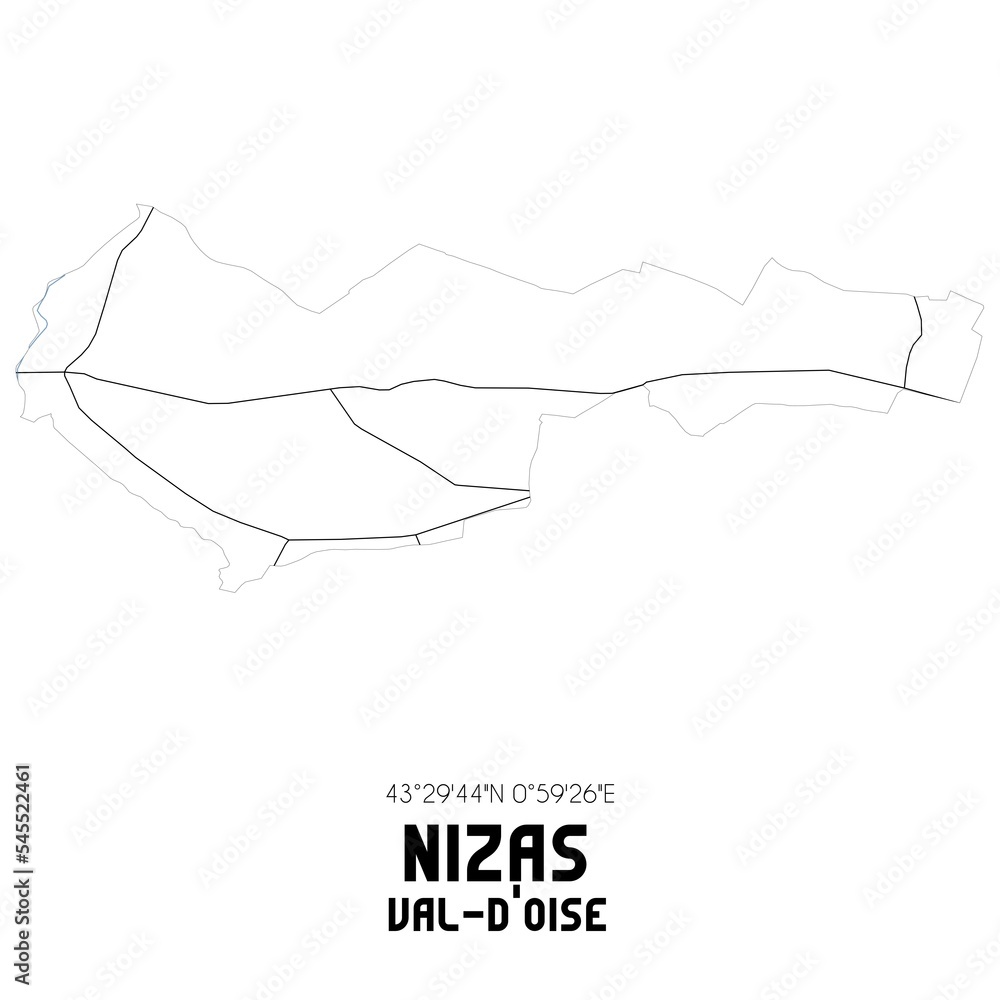 NIZAS Val-d'Oise. Minimalistic street map with black and white lines.