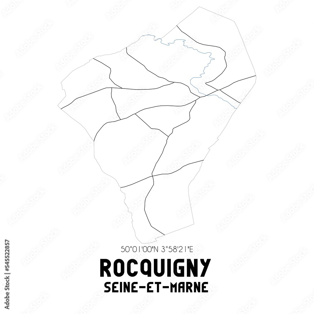 ROCQUIGNY Seine-et-Marne. Minimalistic street map with black and white lines. ROCQUIGNY Seine-et-Marne. Minimalistic street map with black and white lines.