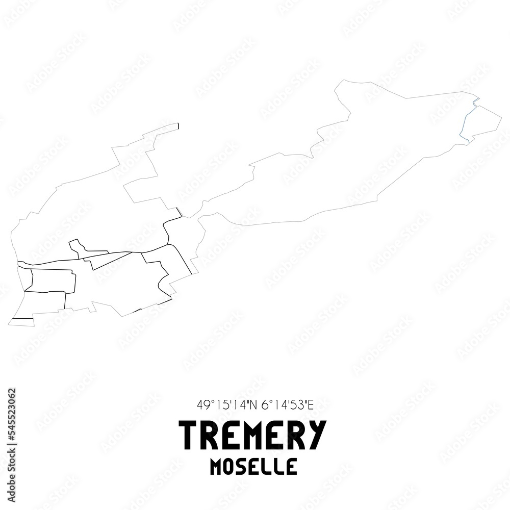 TREMERY Moselle. Minimalistic street map with black and white lines.
