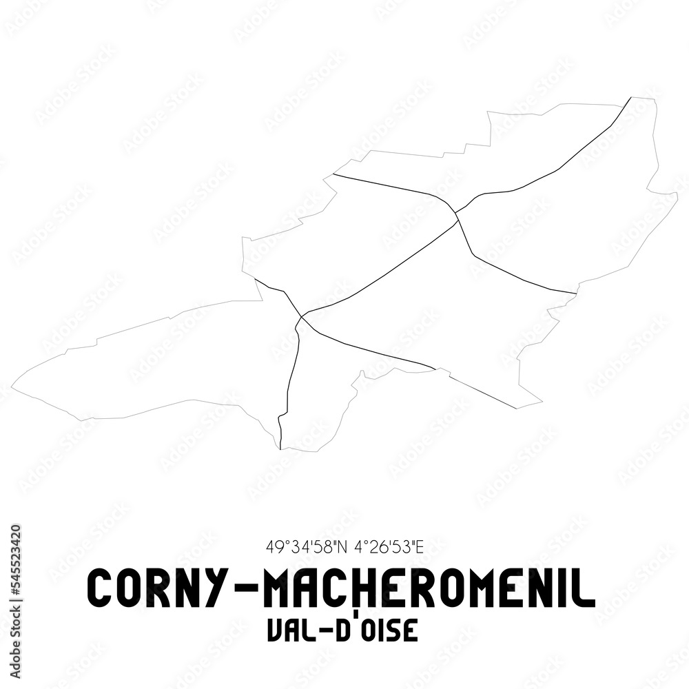 CORNY-MACHEROMENIL Val-d'Oise. Minimalistic street map with black and white lines.