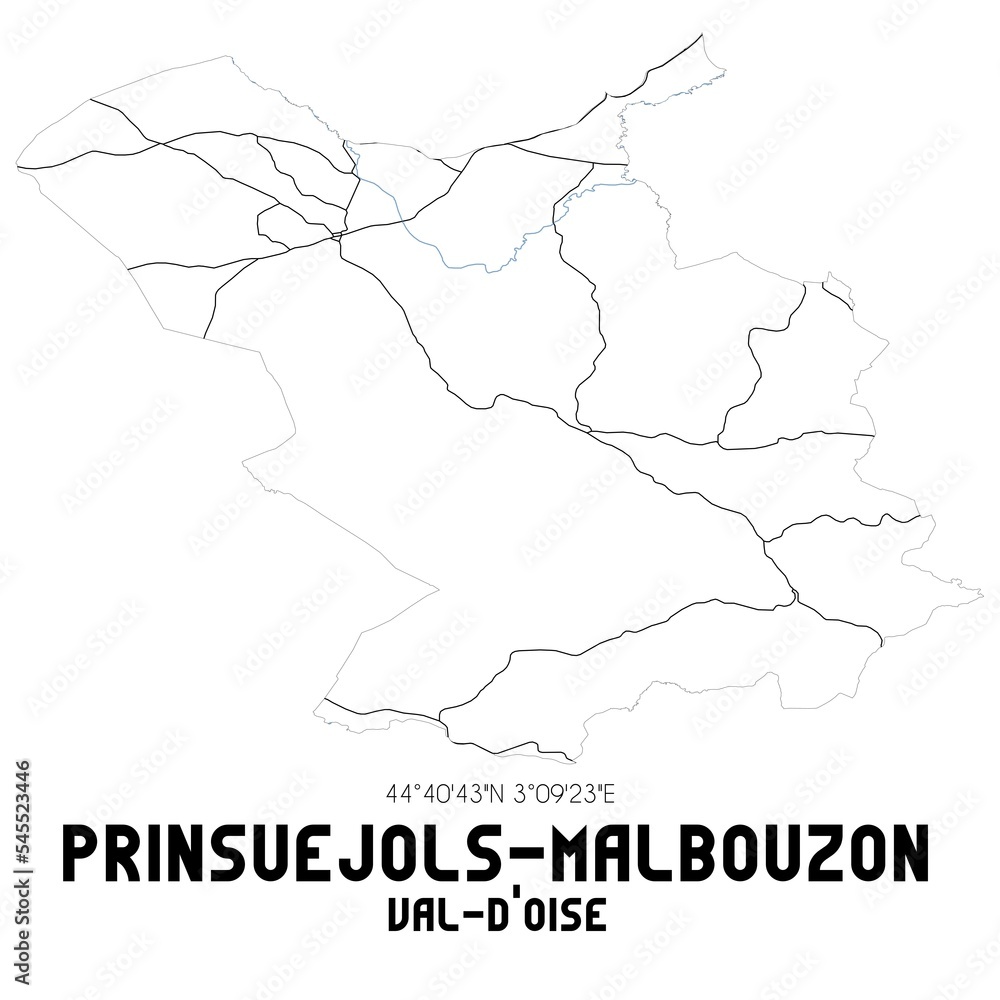 PRINSUEJOLS-MALBOUZON Val-d'Oise. Minimalistic street map with black and white lines.