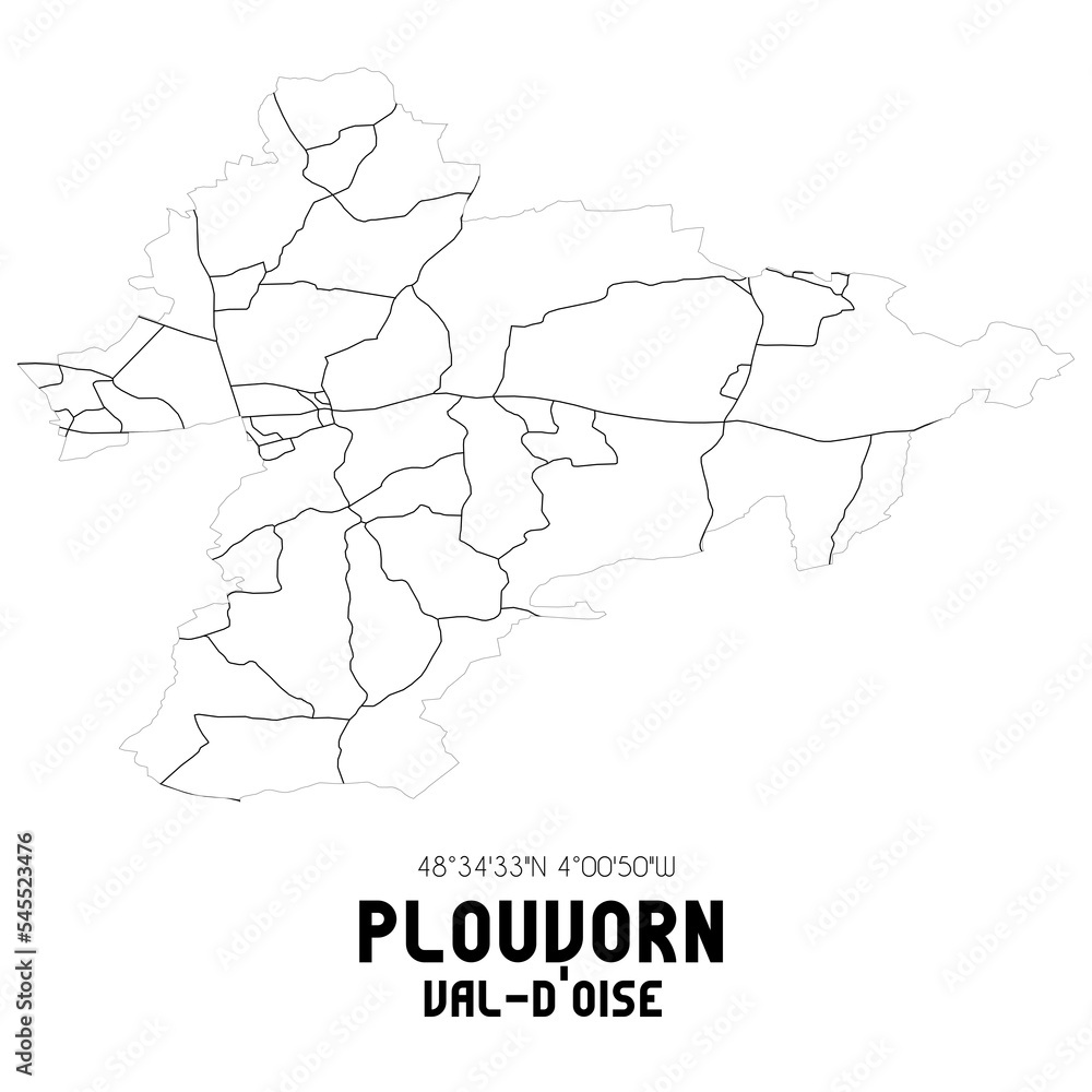 PLOUVORN Val-d'Oise. Minimalistic street map with black and white lines.