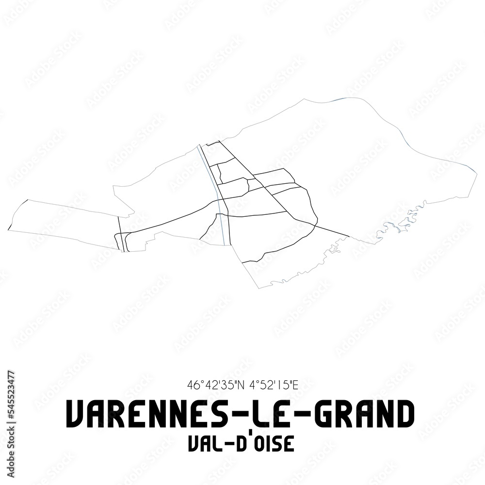 VARENNES-LE-GRAND Val-d'Oise. Minimalistic street map with black and white lines. VARENNES-LE-GRAND Val-d'Oise. Minimalistic street map with black and white lines.