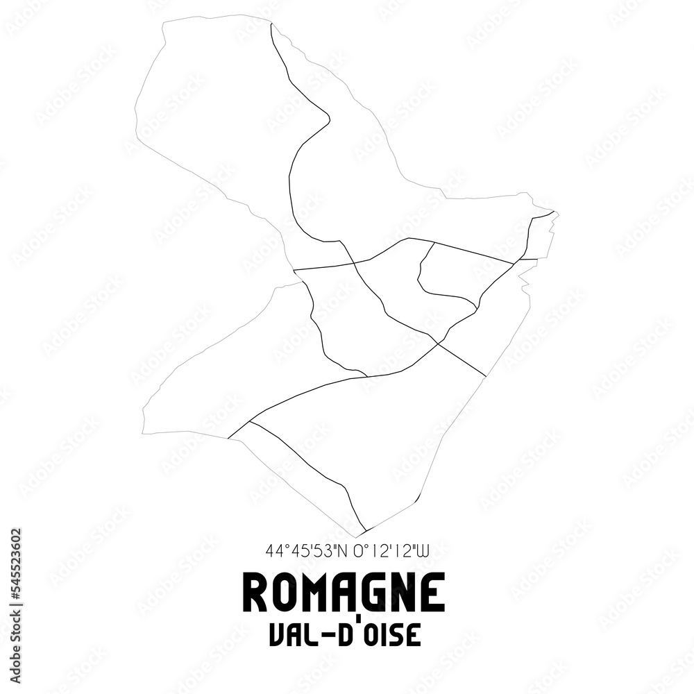 ROMAGNE Val-d'Oise. Minimalistic street map with black and white lines. ROMAGNE Val-d'Oise. Minimalistic street map with black and white lines.