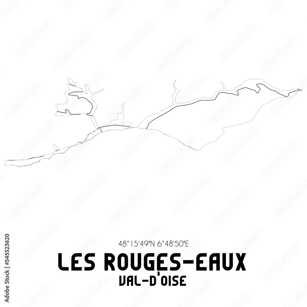LES ROUGES-EAUX Val-d'Oise. Minimalistic street map with black and white lines.