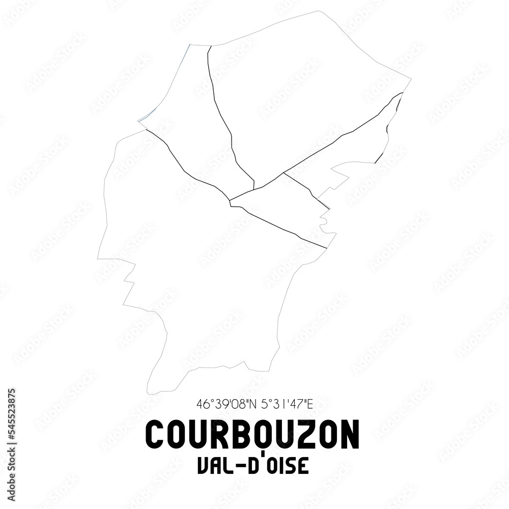 COURBOUZON Val-d'Oise. Minimalistic street map with black and white lines. COURBOUZON Val-d'Oise. Minimalistic street map with black and white lines.