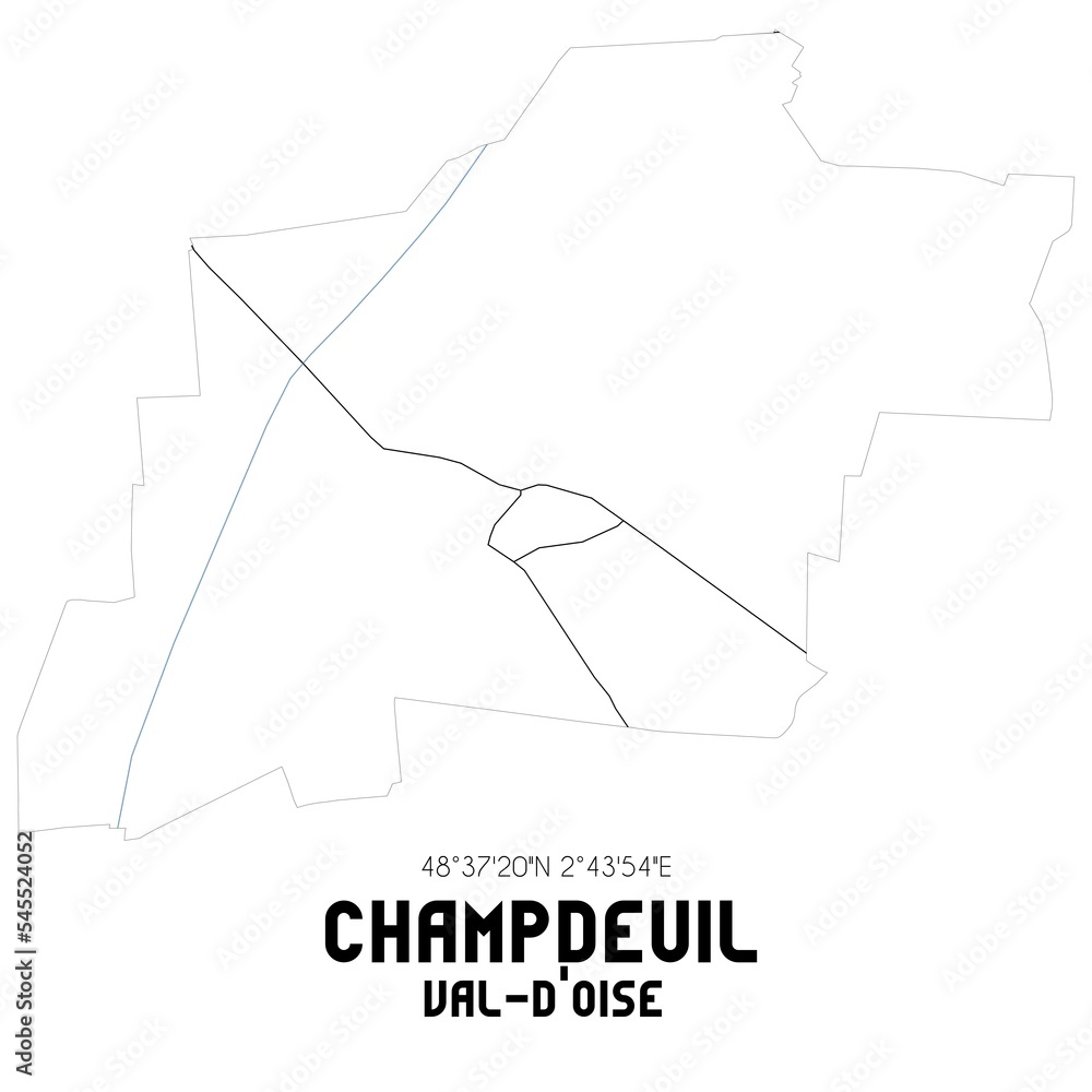 CHAMPDEUIL Val-d'Oise. Minimalistic street map with black and white lines. CHAMPDEUIL Val-d'Oise. Minimalistic street map with black and white lines.