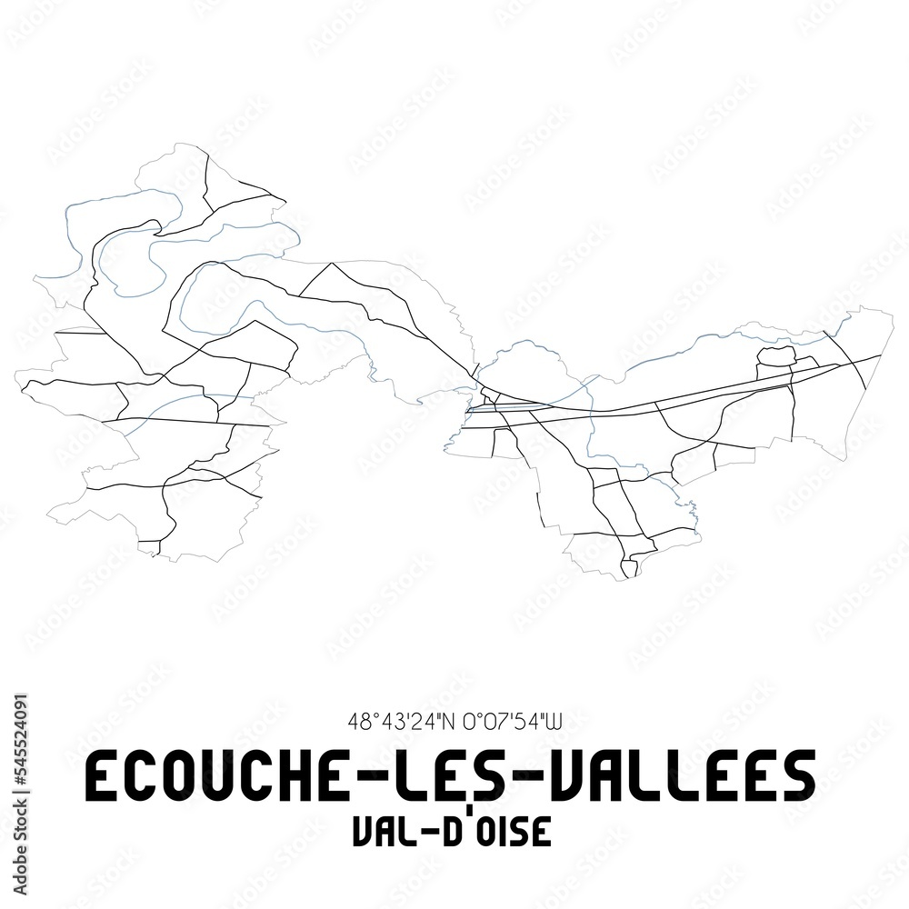 ECOUCHE-LES-VALLEES Val-d'Oise. Minimalistic street map with black and white lines.