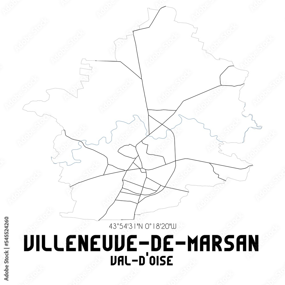 VILLENEUVE-DE-MARSAN Val-d'Oise. Minimalistic street map with black and white lines.