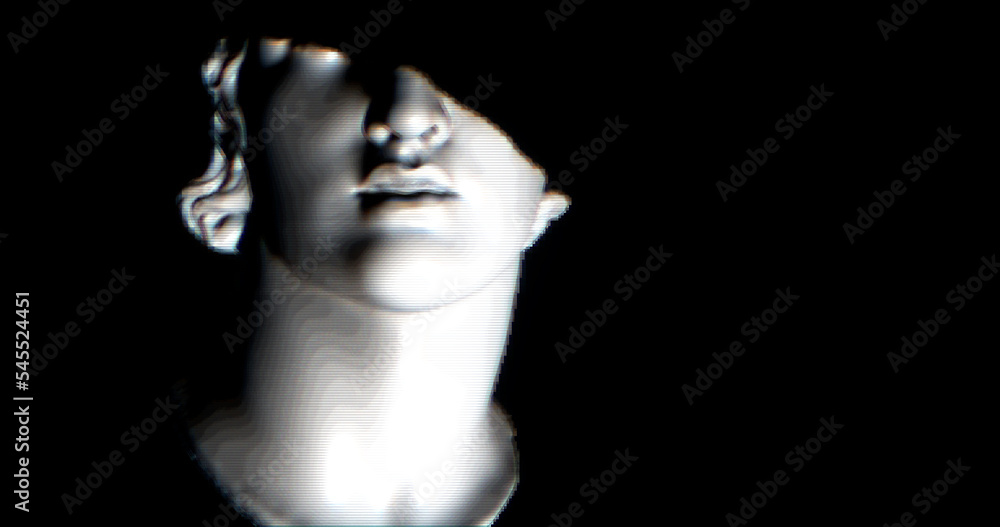 3D model of a roman statue head with glitch effect over. Glitch and noise over greek statue. Vaporwave colors and mood with techonology digital noise.
Classical statue head.