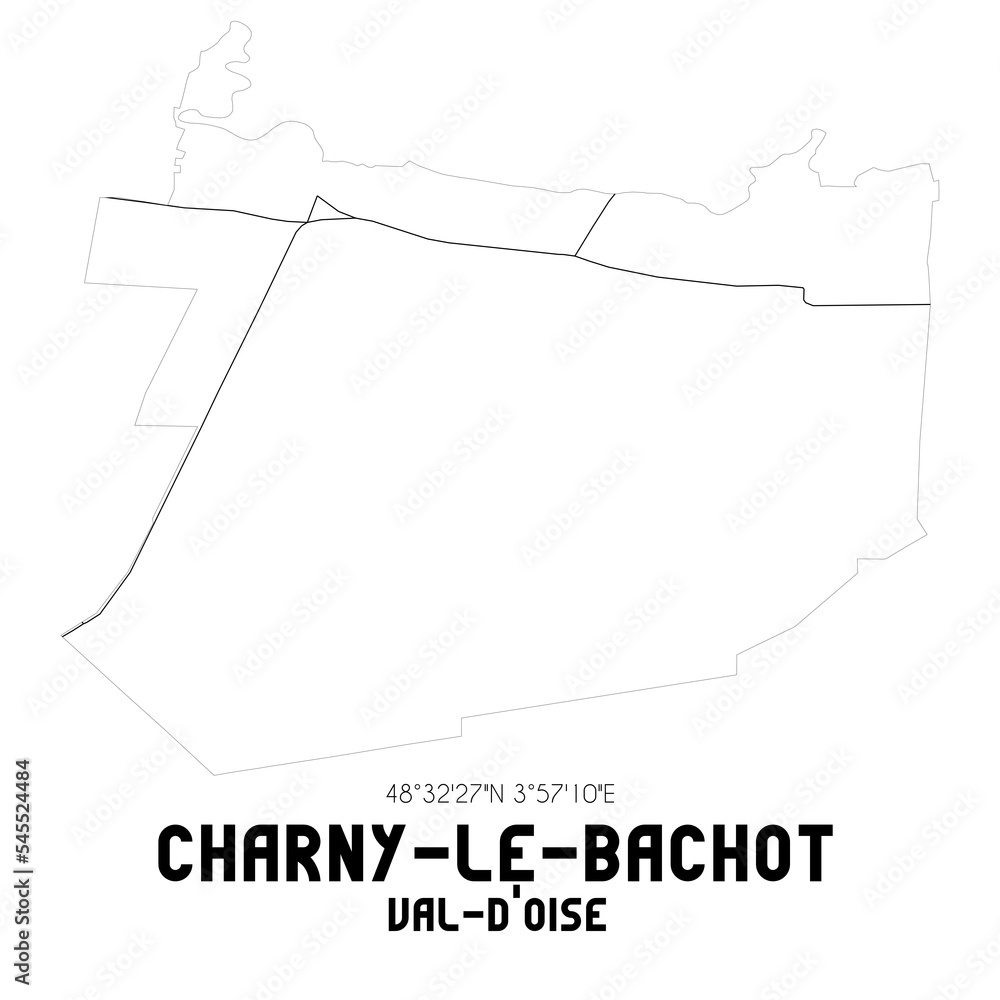 CHARNY-LE-BACHOT Val-d'Oise. Minimalistic street map with black and white lines. CHARNY-LE-BACHOT Val-d'Oise. Minimalistic street map with black and white lines.