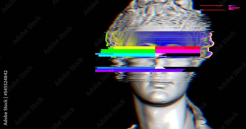 3D model of a roman statue head with glitch effect over. Glitch and