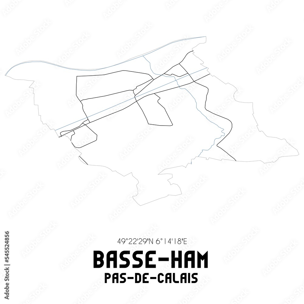 BASSE-HAM Pas-de-Calais. Minimalistic street map with black and white lines.